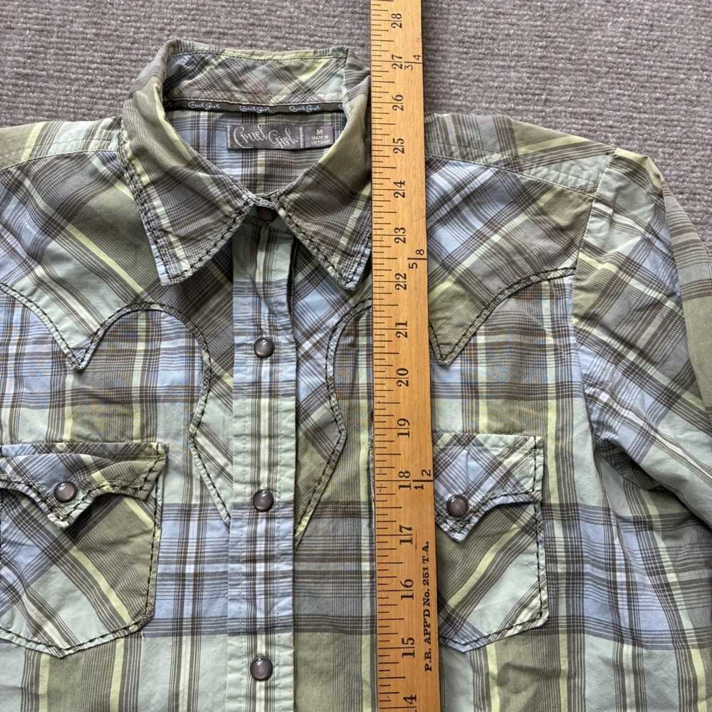 Cruel Girl Womens Western Snap Shirt Plaid Green Tan Long Sleeve Cowgirl M - Picture 11 of 12